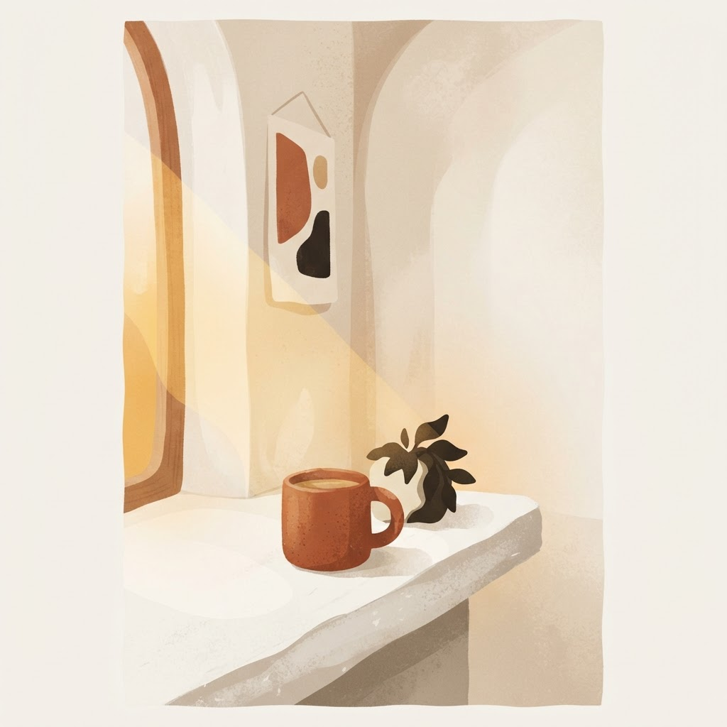 A quiet illustration of early morning light falling across a windowsill, a warm mug, and a small plant.
